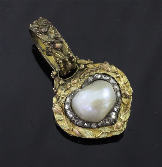 A 19th century three colour gold, baroque pearl and rose cut diamond heart shaped pendant locket, 1.5in.